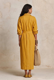 Utility Chic Linen Collared Roll-Sleeve Pocket Maxi Dress