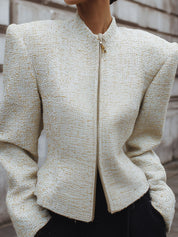 Minimalist Tweed Shoulder-padded Front-zip X-fit Jacket