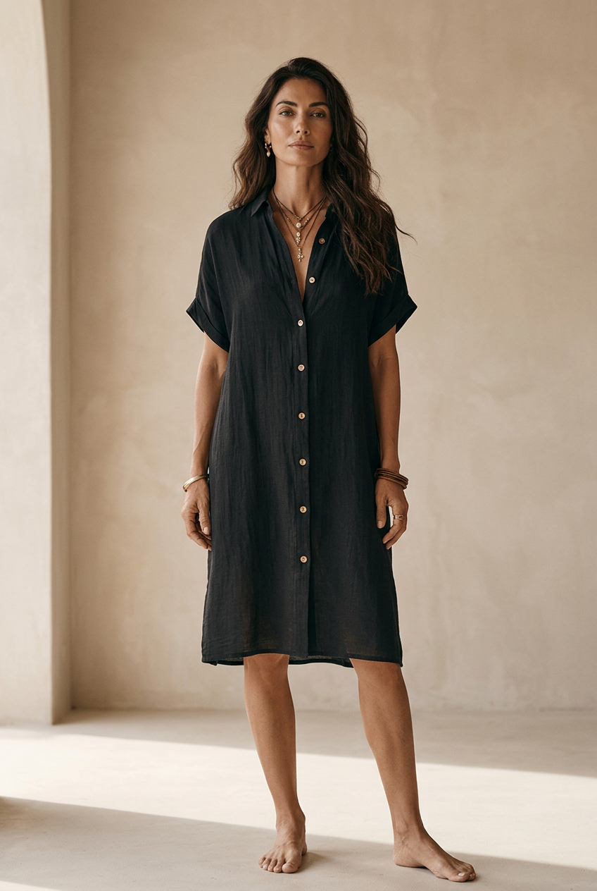 Modern Boho Effortless Black Linen Relaxed Midi Dress