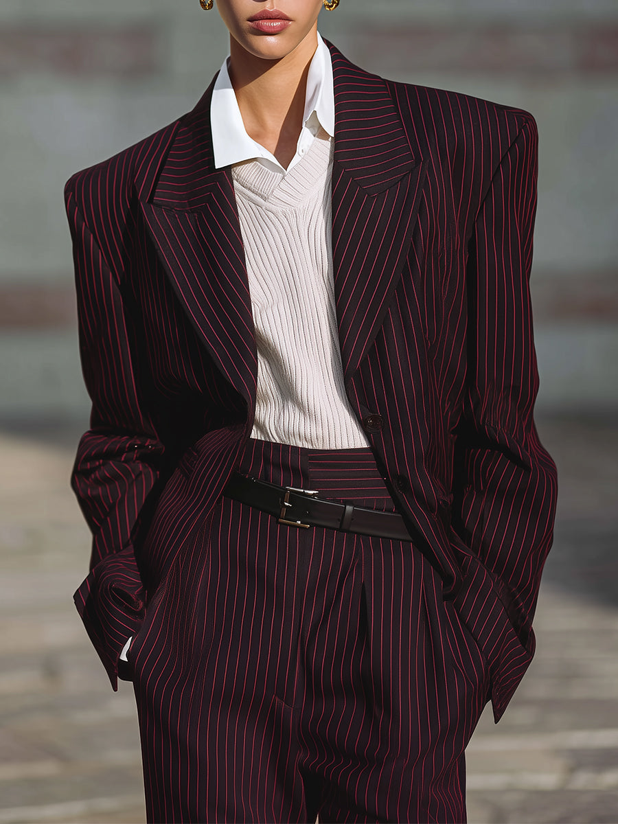 Stylish Striped Oversized Lapel Shoulder Pad Blazer