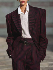 Stylish Striped Oversized Lapel Shoulder Pad Blazer