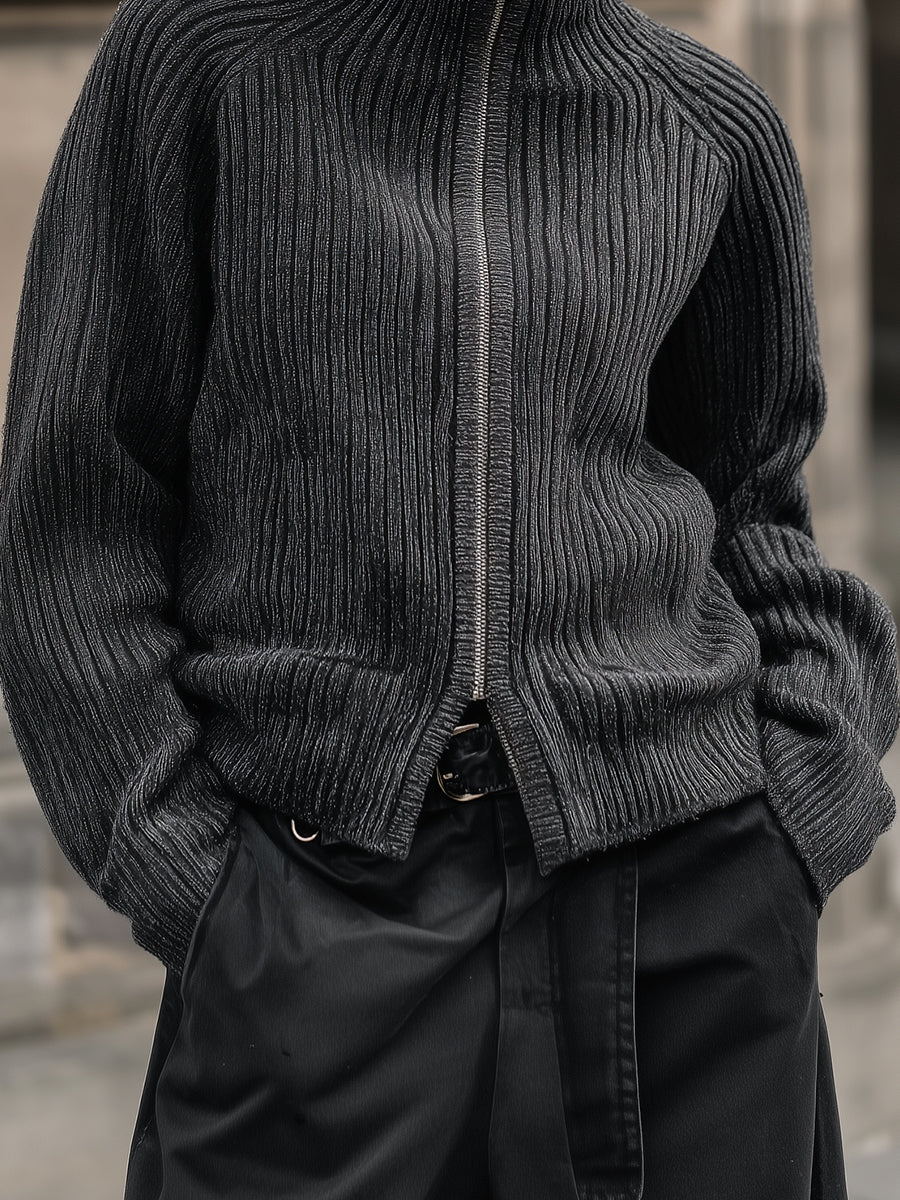 90s Minimalism Revival Slim-fit Front Raglan Sleeves Zip-up Turtleneck Knitted Cardigan