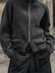 90s Minimalism Revival Slim-fit Front Raglan Sleeves Zip-up Turtleneck Knitted Cardigan