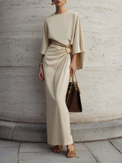 Minimalist Ruffled Sleeves Satin Waist Pleated Metal Ring Decoration Maxi Dress