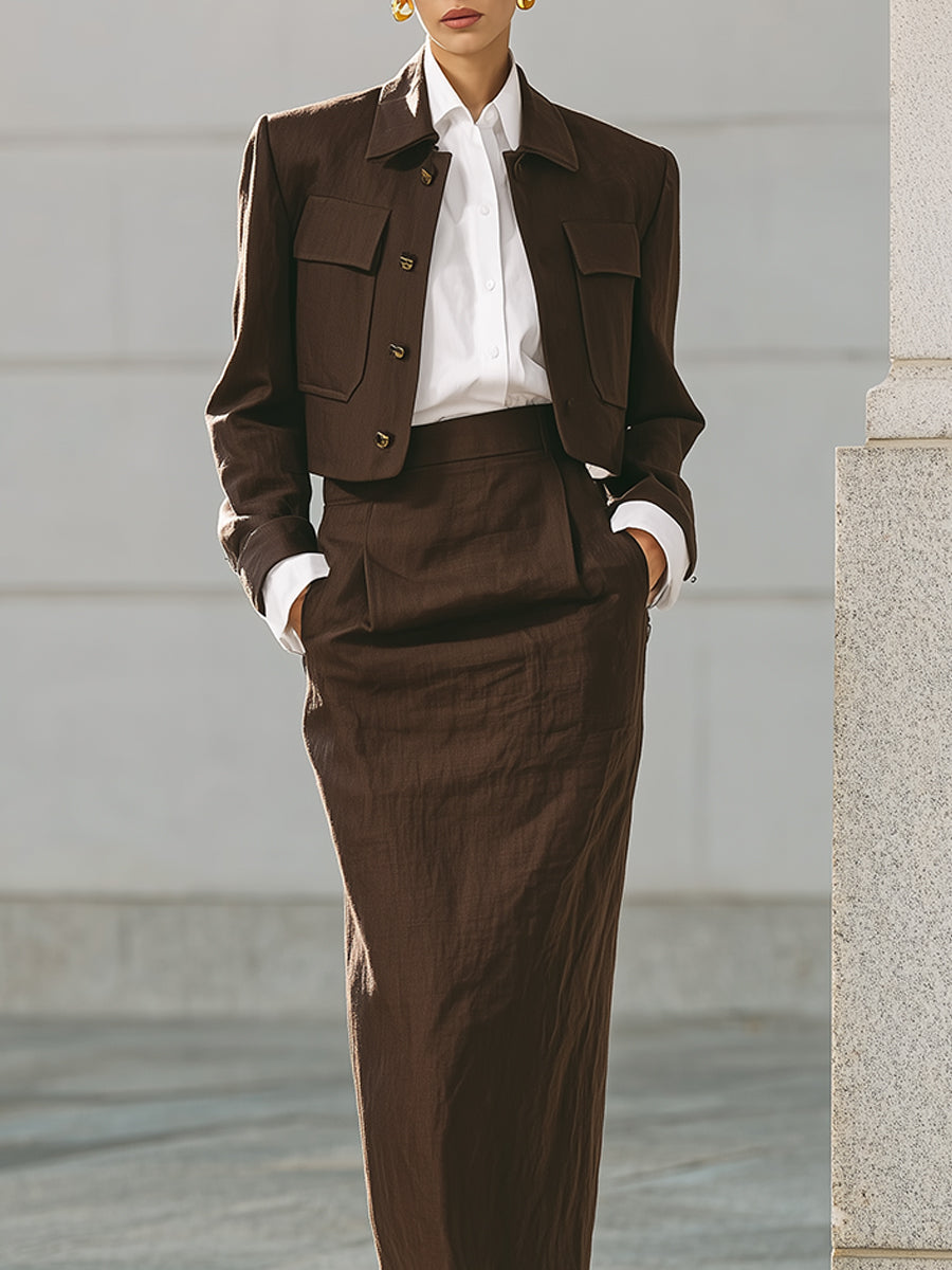 Old Money Cotton Cropped Jacket & Straight Back Slit Pencil Skirt Set