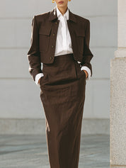 Old Money Cotton Cropped Jacket & Straight Back Slit Pencil Skirt Set