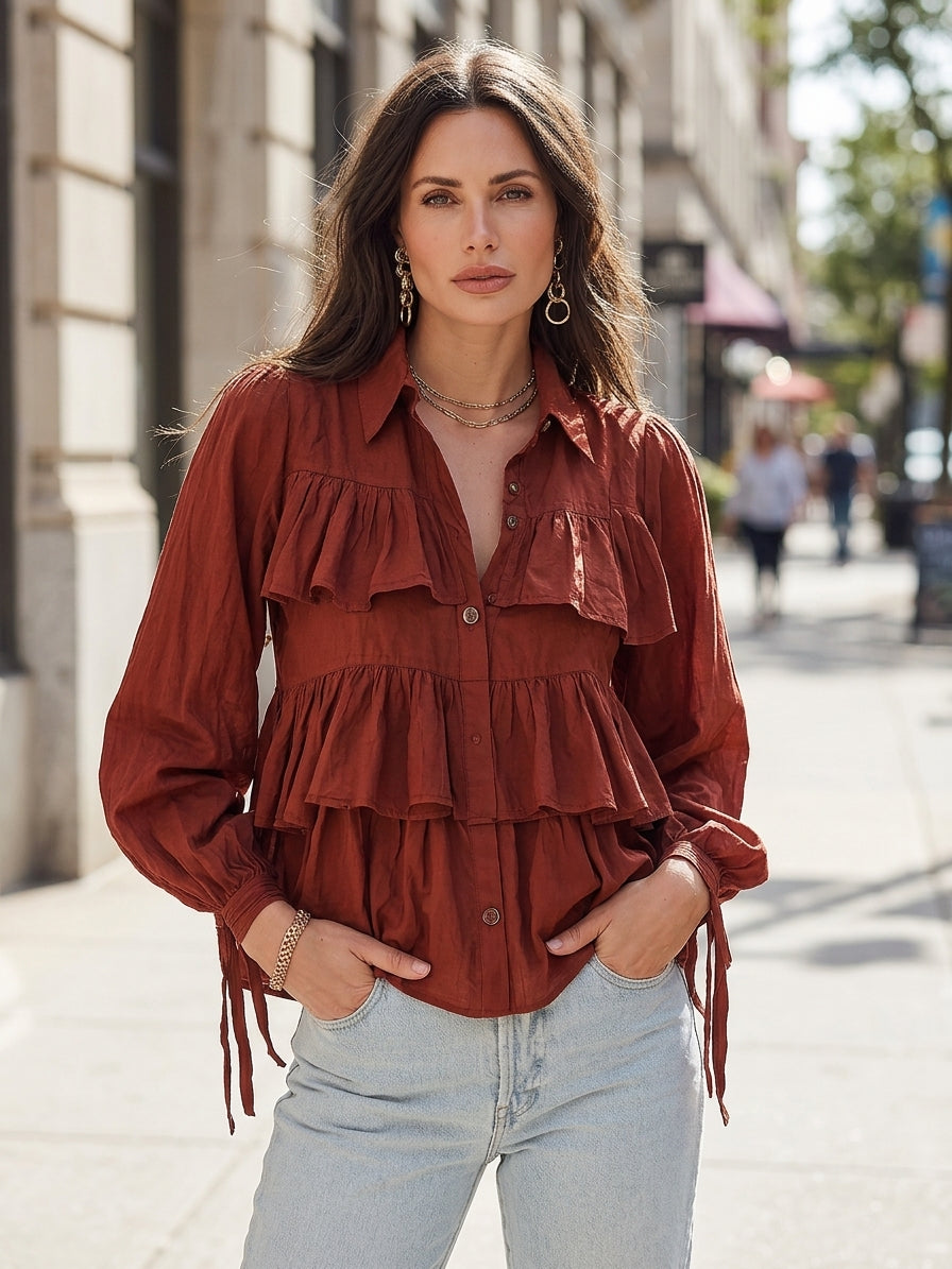 Romantic Boho Cotton Tiered-Ruffle Button-Front Rust Blouse