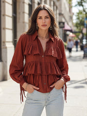 Romantic Boho Cotton Tiered-Ruffle Button-Front Rust Blouse
