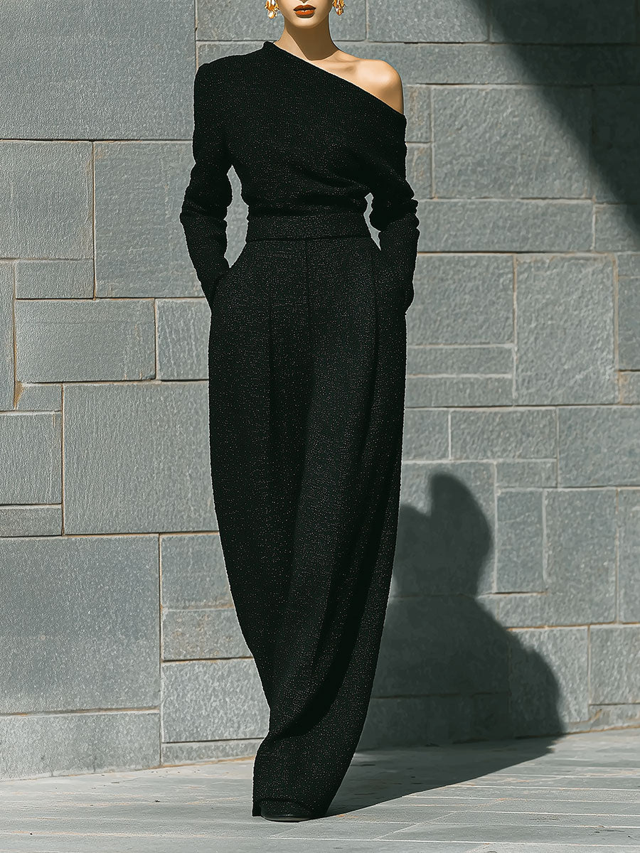 Old Money Style Tweed Off-shoulder Top & Wide Leg Set