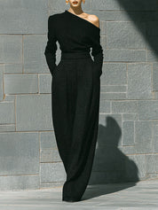 Old Money Style Tweed Off-shoulder Top & Wide Leg Set