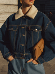 Minimalist Stand-up Collar Denim Sherpa Collar Splicing Cropped Boxy Jacket