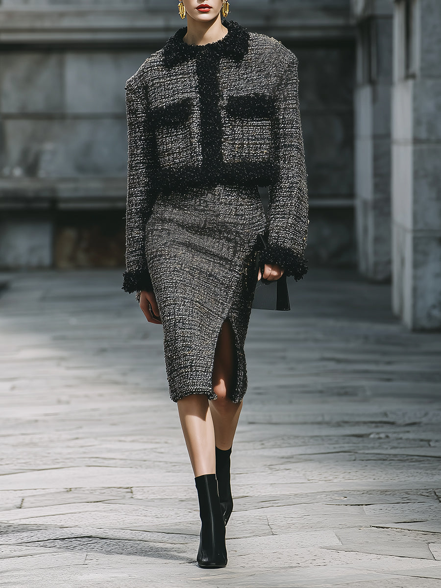 Power Dressing Suit Tweed Sherpa Patchwork Jacket & Front Slit Skirt Set