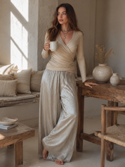 Coastal Evening Draped Wrap Top & Metallic Pleated Trousers Set