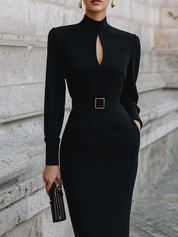 Minimalist Keyhole Neck Slim-fitting Back Slit Cotton Midi Dress With Belt