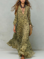 Olive Green Leopard Print Chiffon Long-sleeved Bohemian Dress