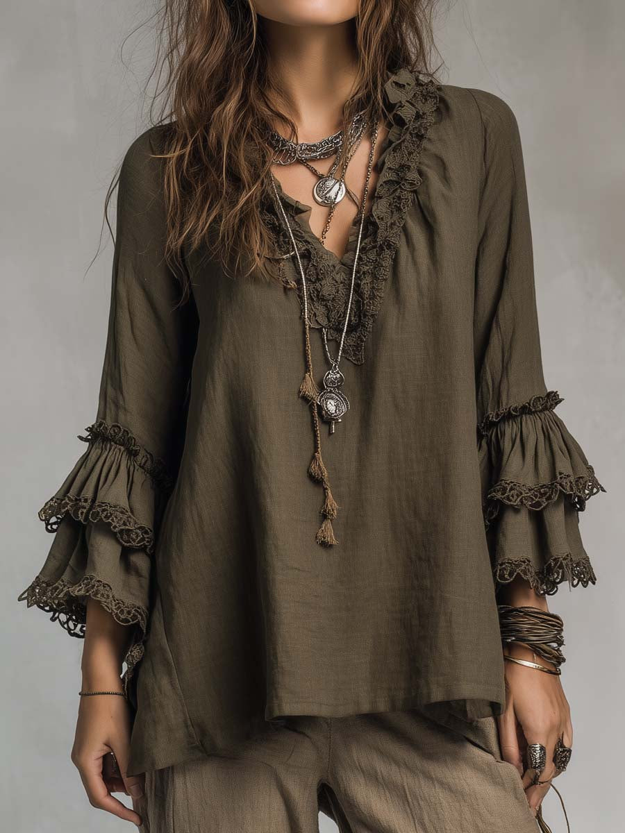 Ruffled Lace Cotton Linen Long-sleeved Blouse