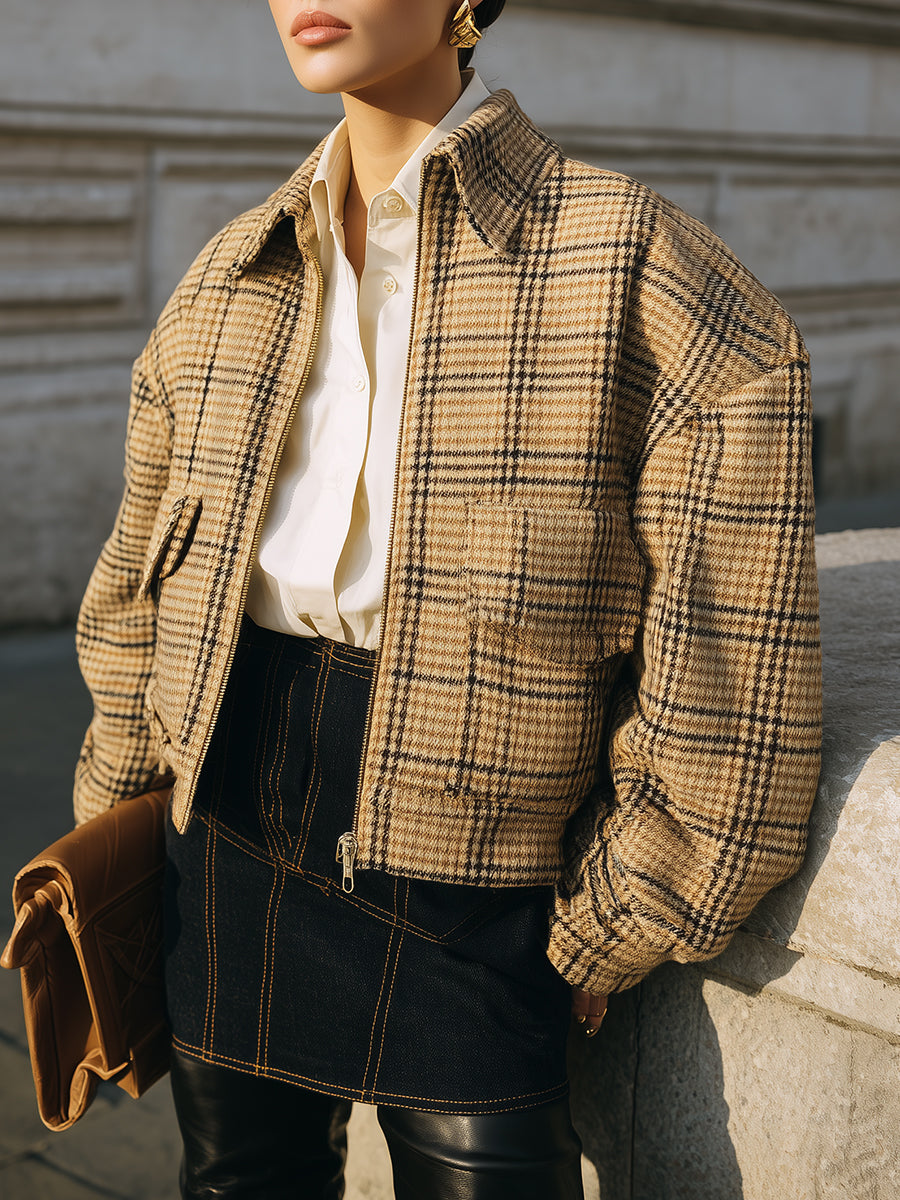 Old Money Classic Fine Plaid Drop Sleeve Wool Cropped Boxy Jacket