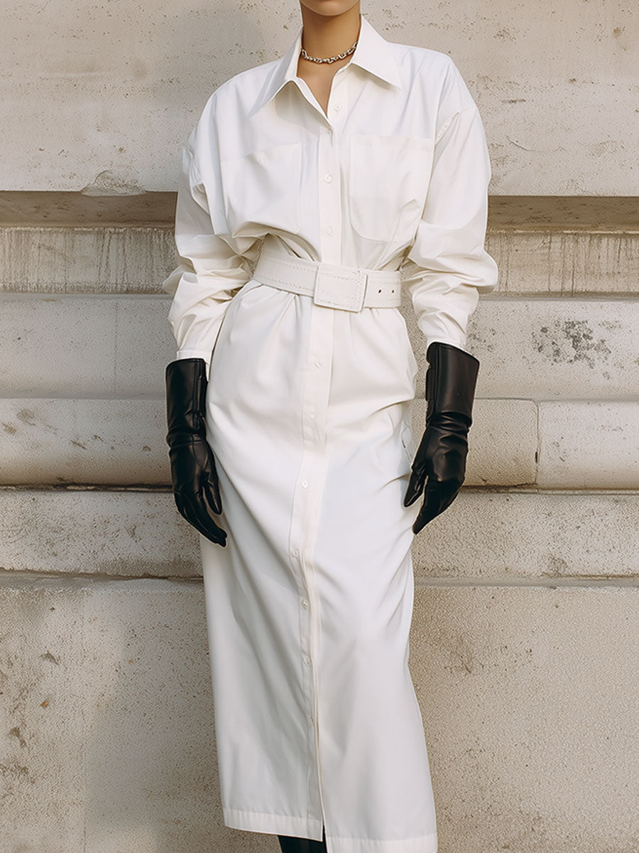 Extremely Simple Drop-shoulder Sleeve Midi Shirt Dress With Belt