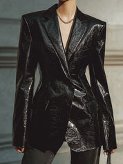 Androgynous Chic Patent Environmentally Friendly Leather One-button Slim Fit Blazer