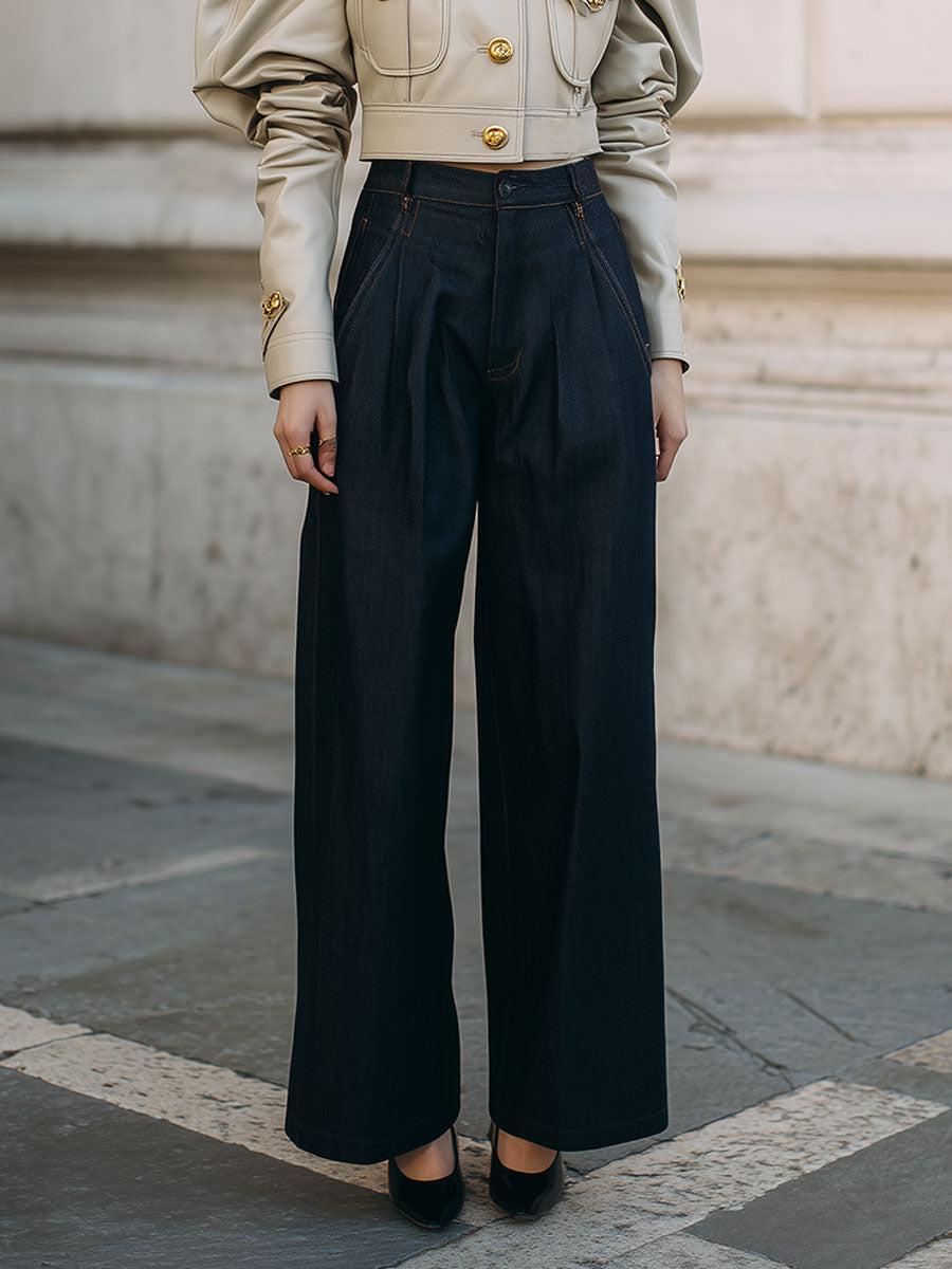 Minimalist High-waist Pinch Pleated Baggy Jeans