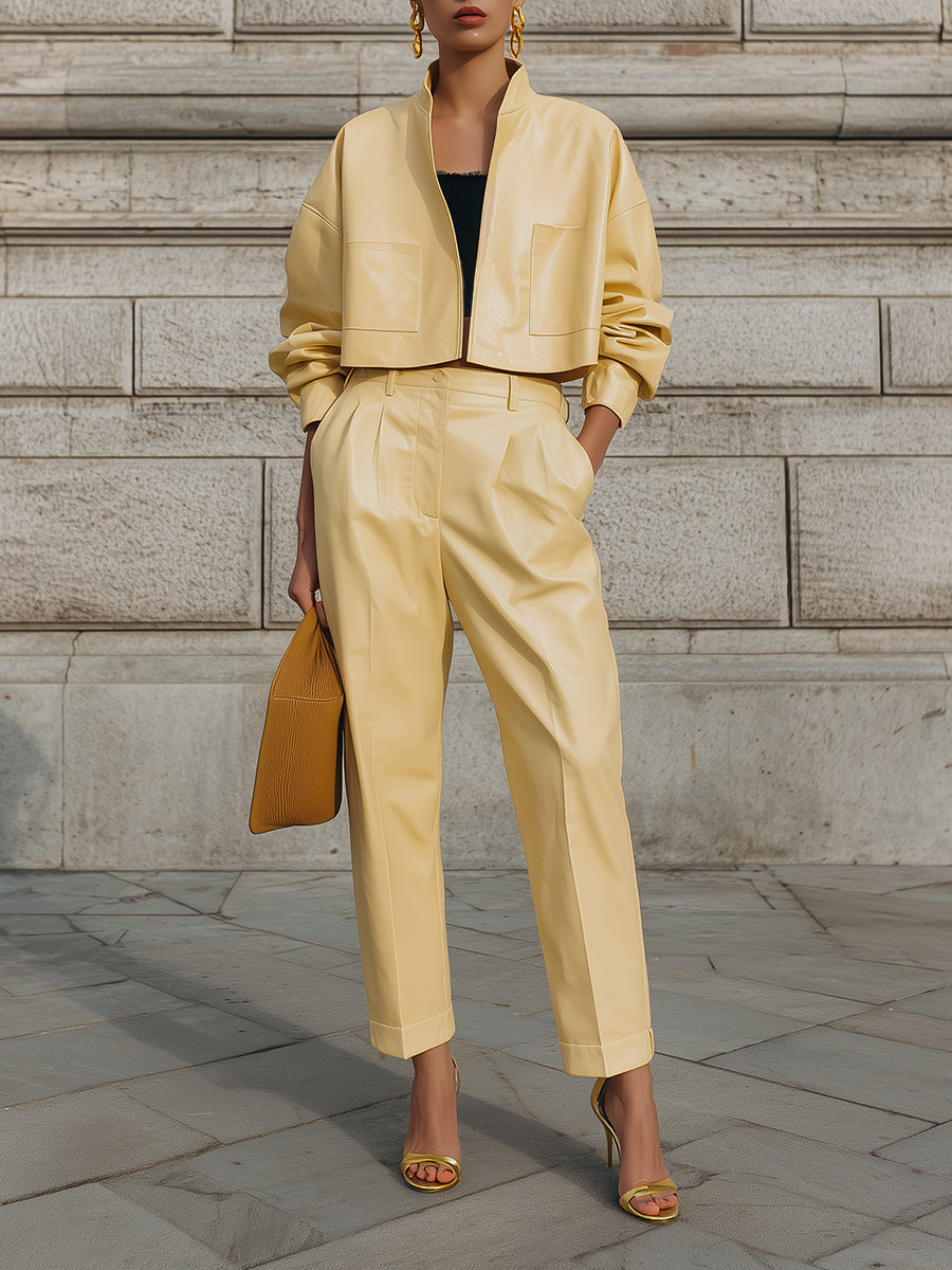 Minimalist Stand Collar Cropped Boxy Jacket & Environmentally Friendly Leather Carrot Pants Set