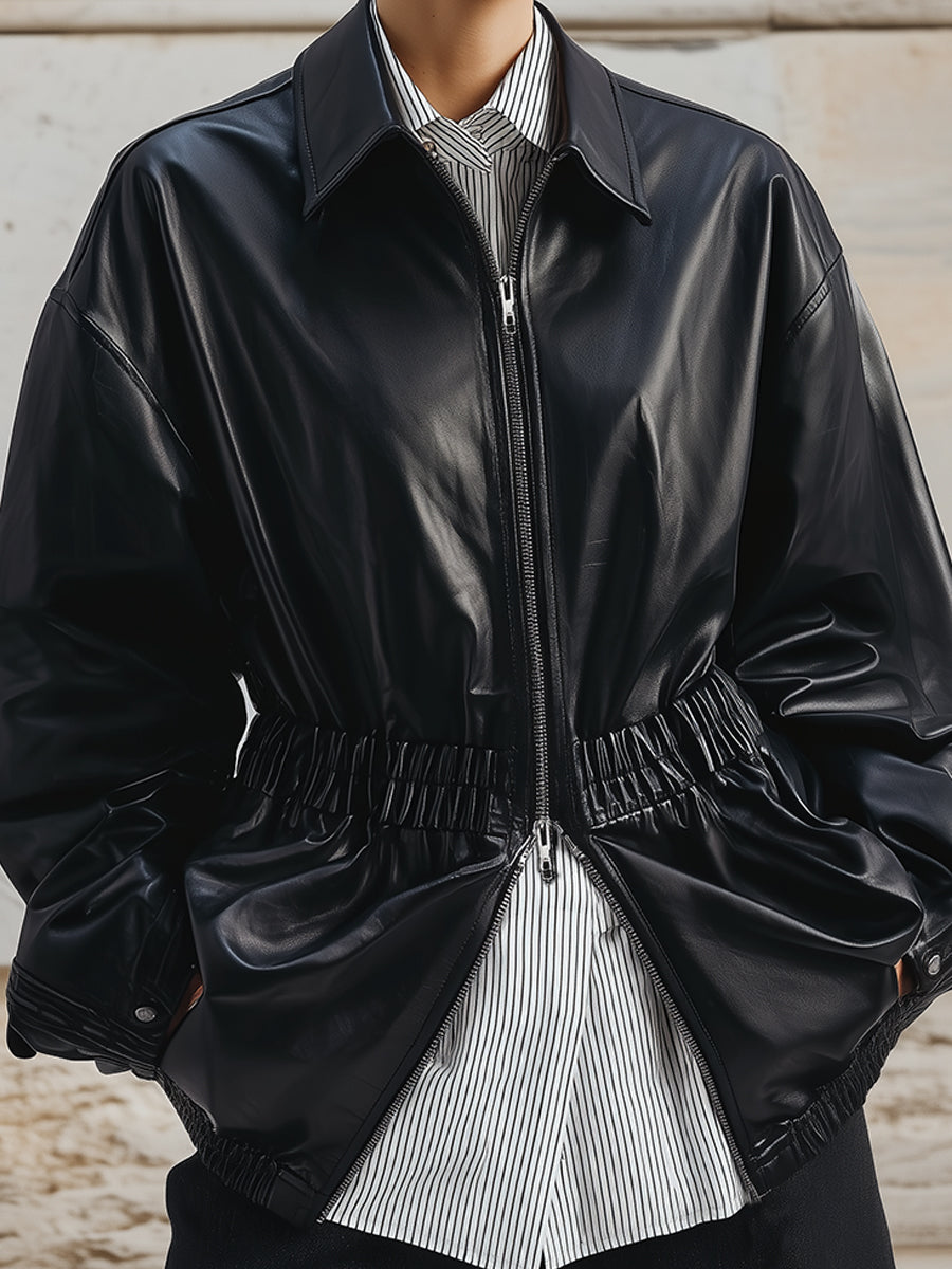 Minimalist Pleated Waist Double-zip Eco-friendly Leather Jacket