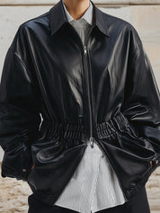 Minimalist Pleated Waist Double-zip Eco-friendly Leather Jacket