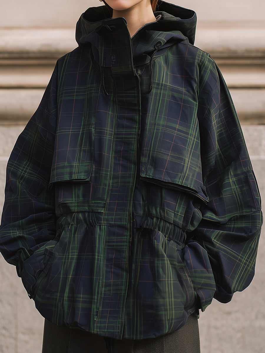 Oversized Storm Flap Details Hooded Jacket In Checked Cotton Twill Print