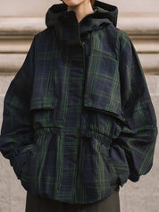 Oversized Storm Flap Details Hooded Jacket In Checked Cotton Twill Print