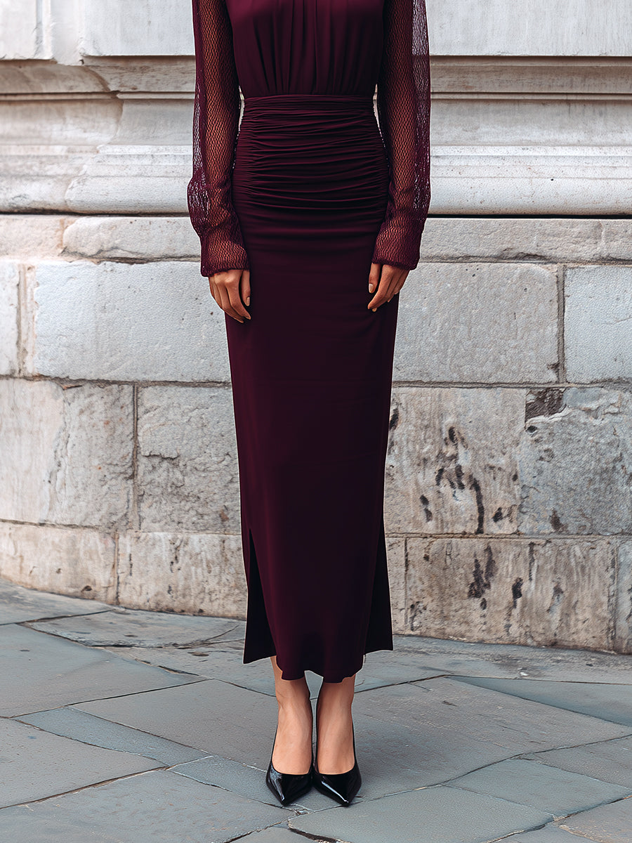 Merlot Poise Sculpted Silhouette High-neck Ruched Mesh Maxi Dress