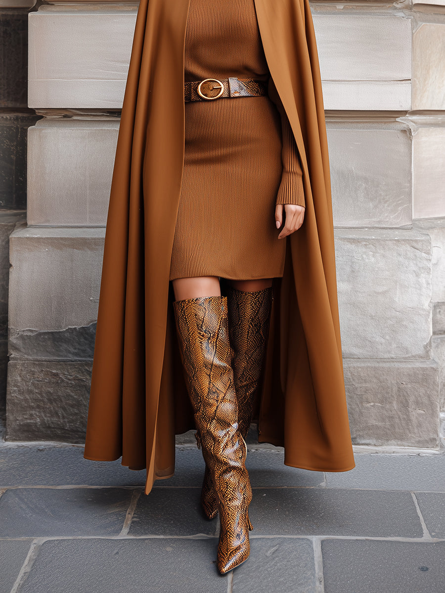 Minimalist Androgynous Power Caramel Command Maxi Dress With Embossed Snakeskin Eco-friendly Leather Belt