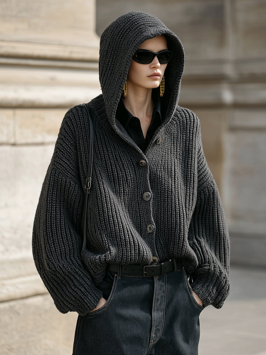 Uniquely Designed Oversized Knitted Hooded Single-breasted Cardigan