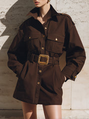 Deconstructed Military Uniform Cotton-blend Flap Pocket Mini Dress With Belt
