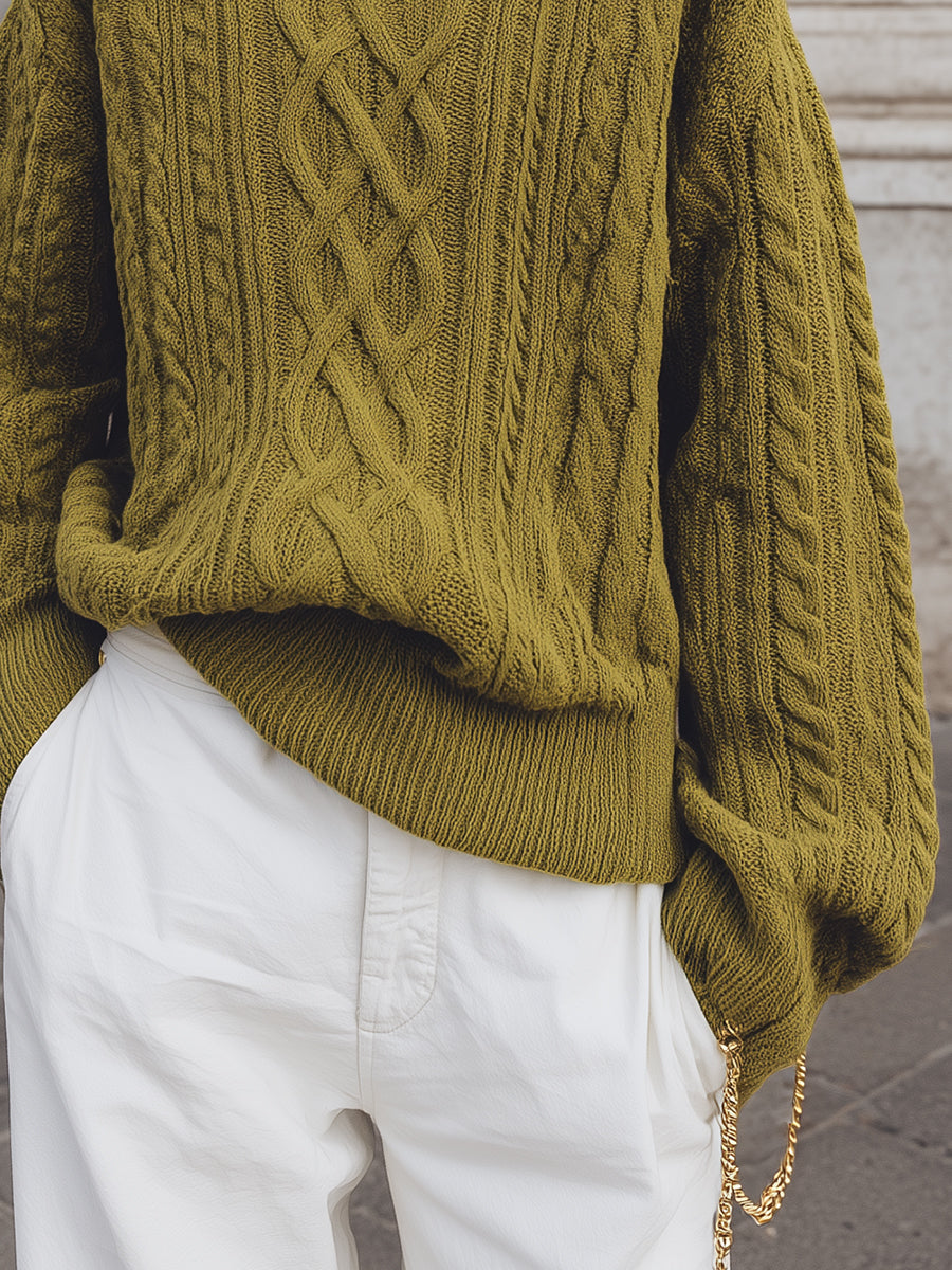 Commuting Turtleneck Drop Sleeve Cable Knit Sweater