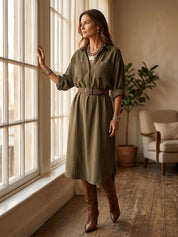 Effortless Chic Textured Cotton Roll-Sleeve Utility Belted Khaki Green Midi Dress