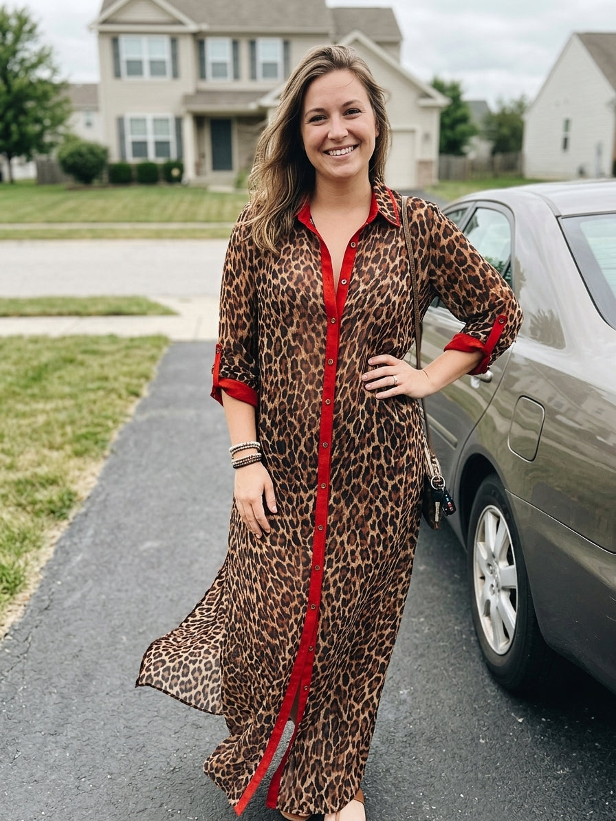 sheer leopard maxi dress Women's Black / Brown Long Sleeve Print | Small and a long length Effortless Glam Sheer Leopard Deep-V
