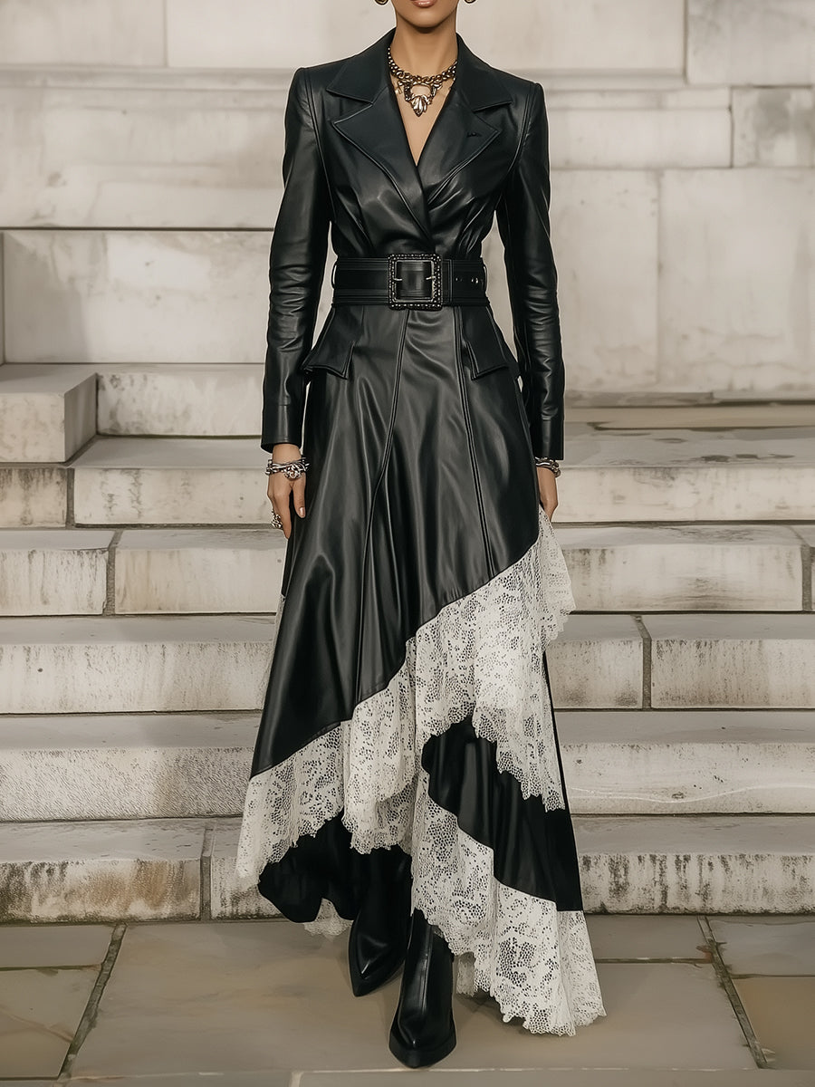 Heritage Noir Elegance Eco-friendly Leather-Lace Maxi Dress