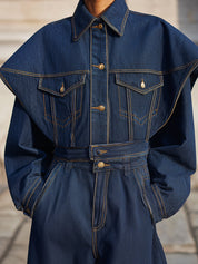 Deconstructed Cape Collar Topstitched Washed Denim Cropped Jacket