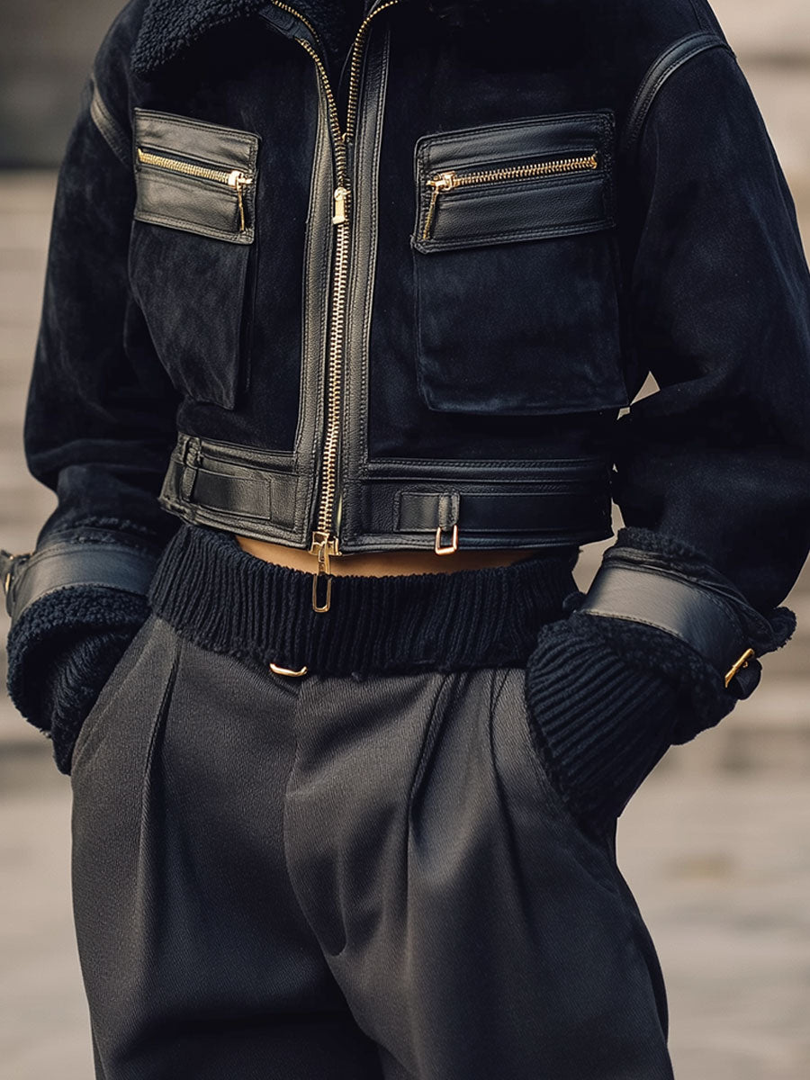 Old Money Style Suede And Sherpa Patchwork Cropped Boxy Aviator Jacket