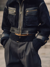 Old Money Style Suede And Sherpa Patchwork Cropped Boxy Aviator Jacket