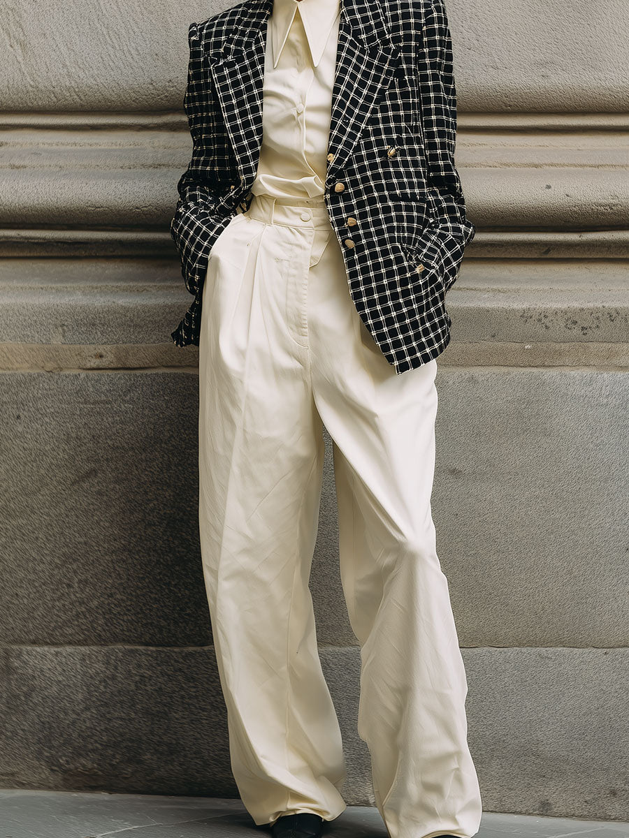 Minimalist Lapel Plaid Wool Straight Loose Blazer