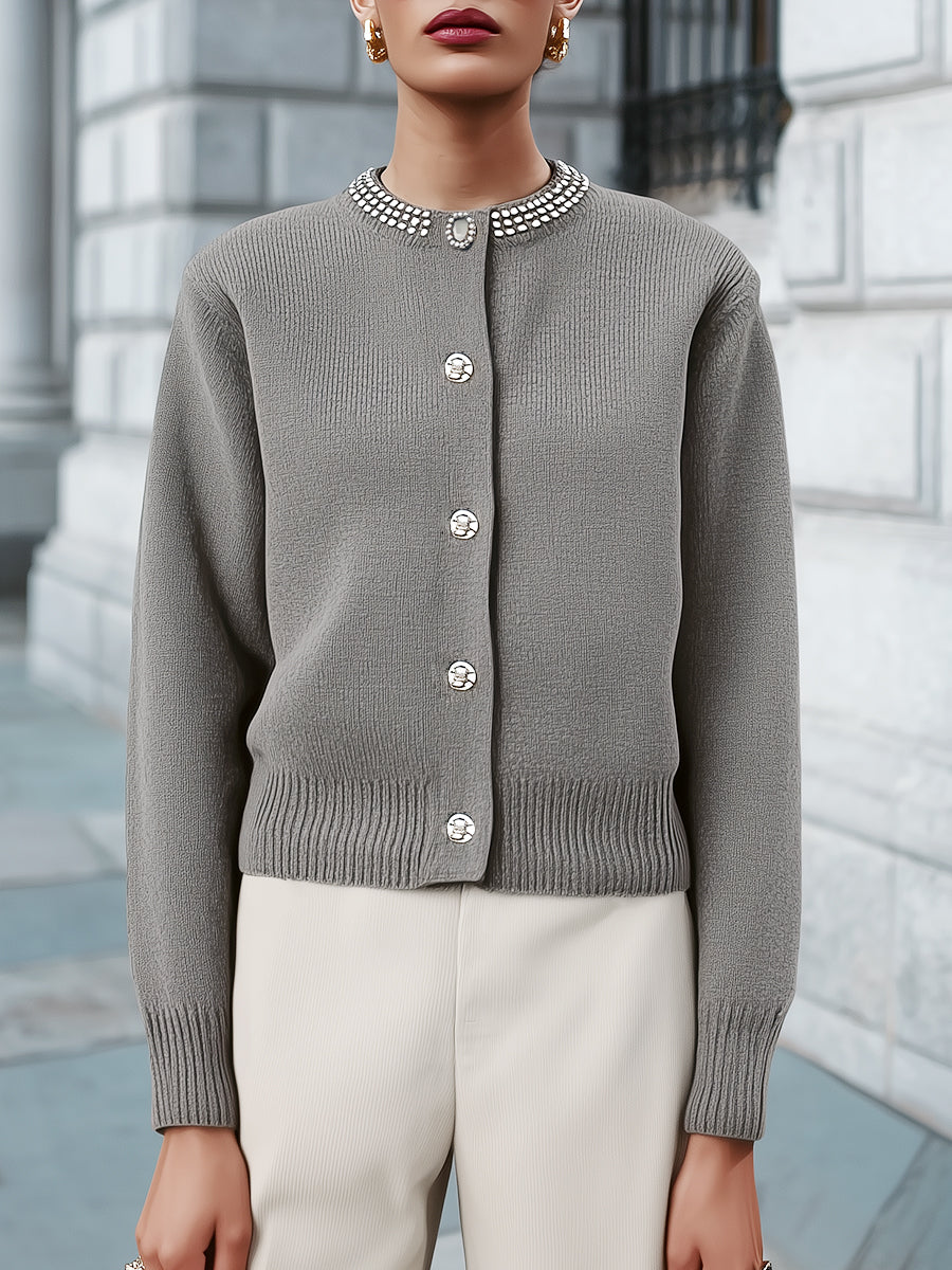 Vintage-Inspired Crystal Accents Knit Cardigan Sweater