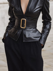 Minimalist Shoulder-padded X-fit Eco-friendly Leather Jacket With Belt