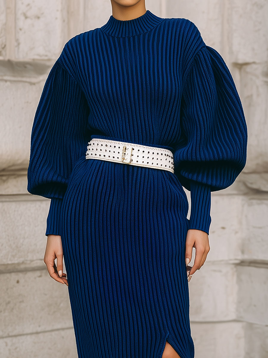 Minimalist Balloon Sleeves Knitted Hem Slit Midi Dress
