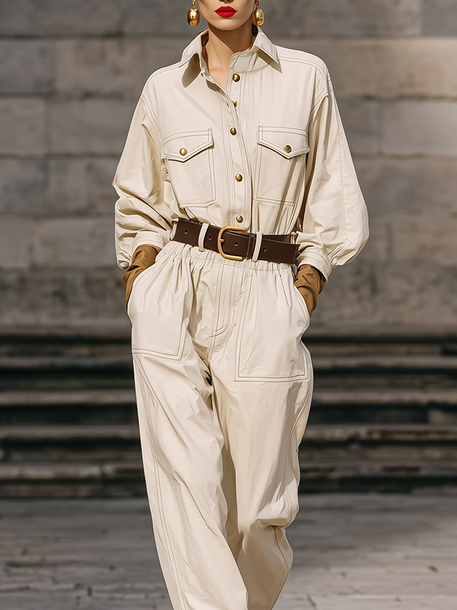 Minimalist Line Decorated Lantern Sleeve Blouse & Loose Carrot Pants Set