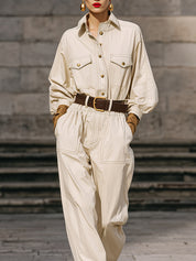 Minimalist Line Decorated Lantern Sleeve Blouse & Loose Carrot Pants Set