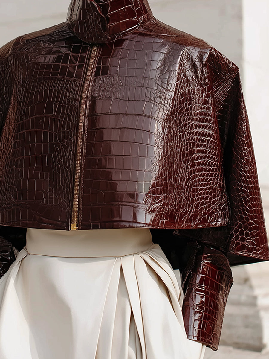 Minimalist Cape Collar Glossy Crocodile Eco-leather Jacket