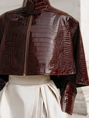 Minimalist Cape Collar Glossy Crocodile Eco-leather Jacket
