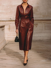 Minimalist Waist Pleated Diagonal Pocket Eco-friendly Leather Midi Dress