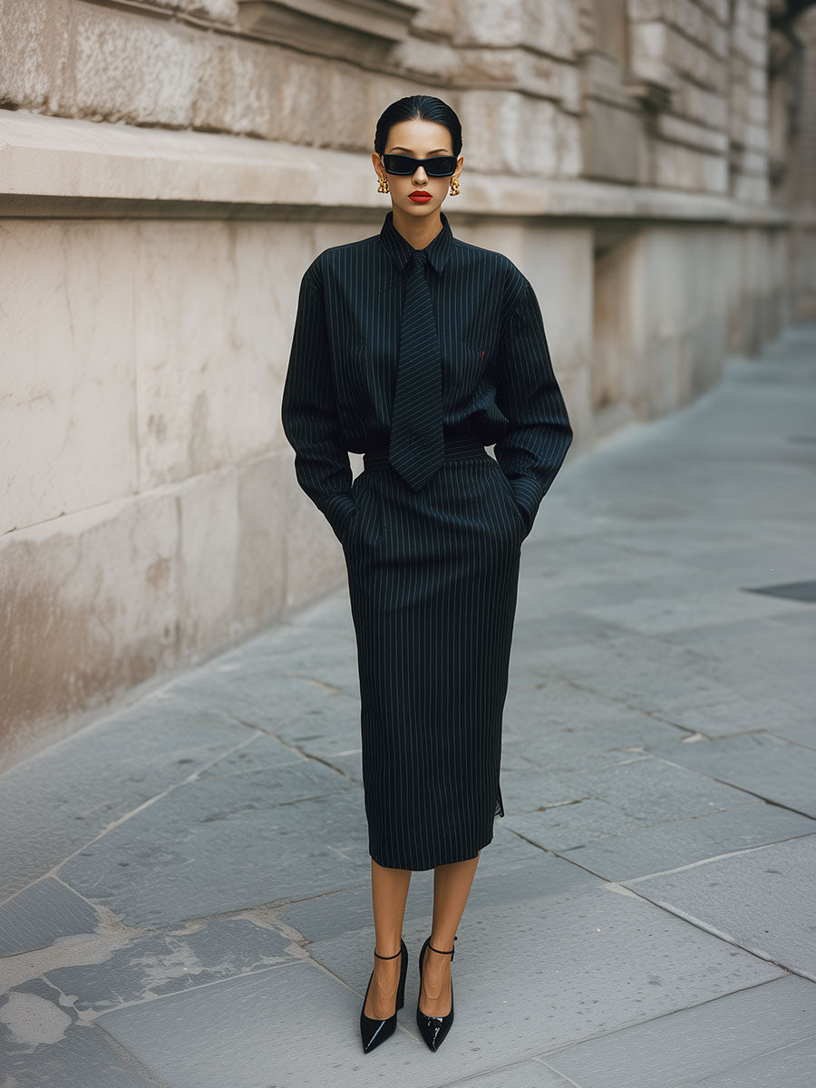Minimalist Pinstripe Blouse With Tie & Pencil Skirt Suit